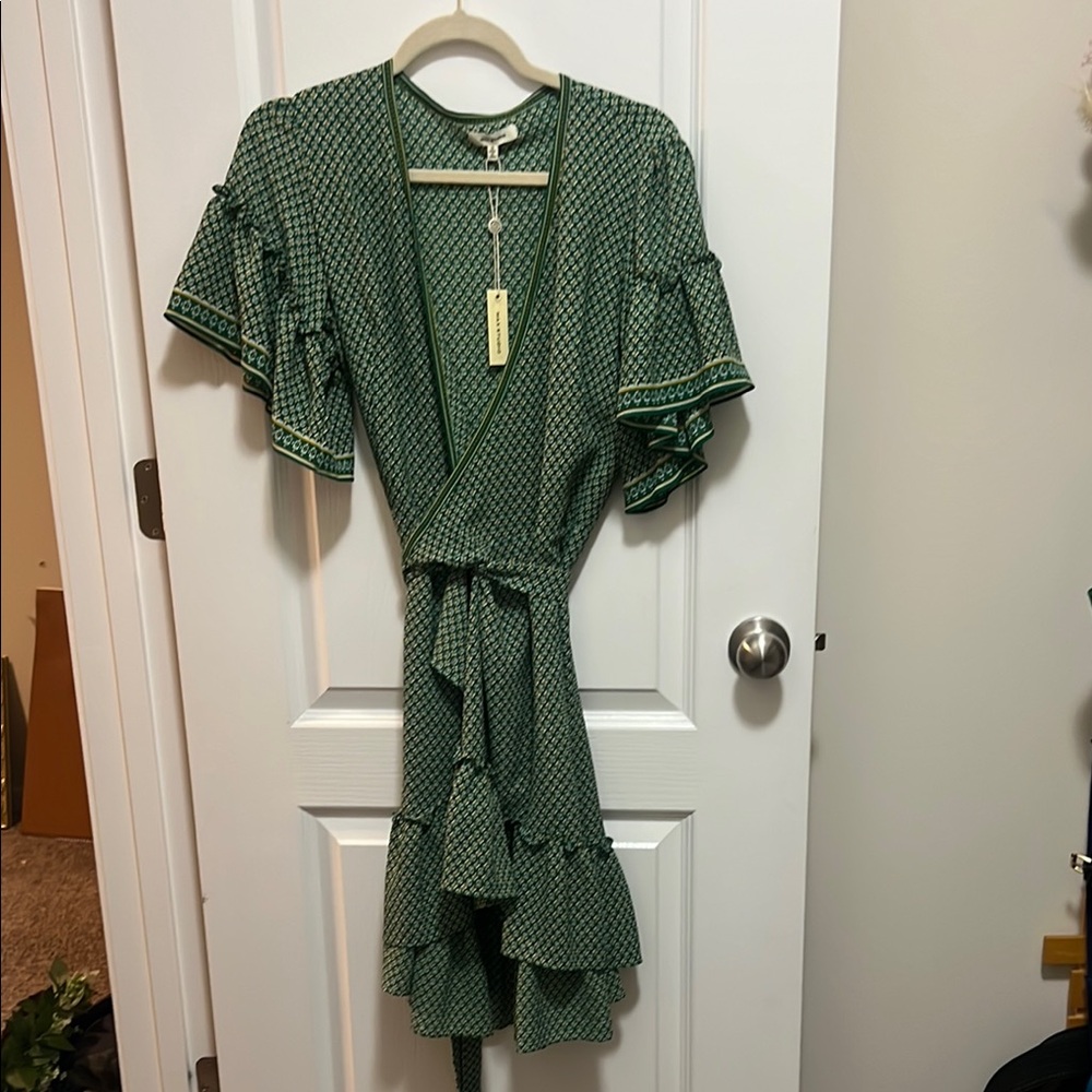 Green Wrap Dress with Ruffle Sleeves